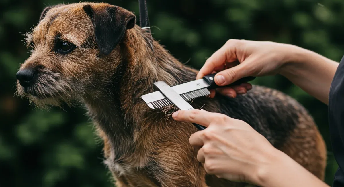Professional groomer's hands demonstrating hand stripping technique on a Border Terrier's coat using a stripping knife, showing proper removal of dead hairs