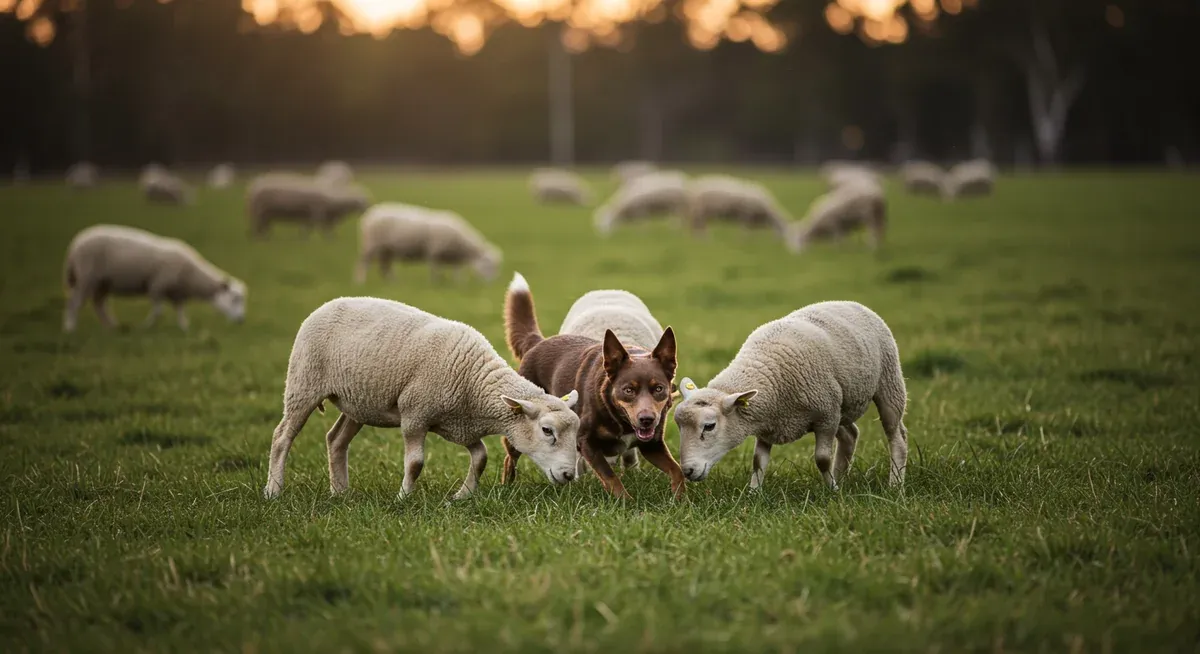 Australian Kelpie demonstrating natural herding instincts while working with sheep in a pastoral setting