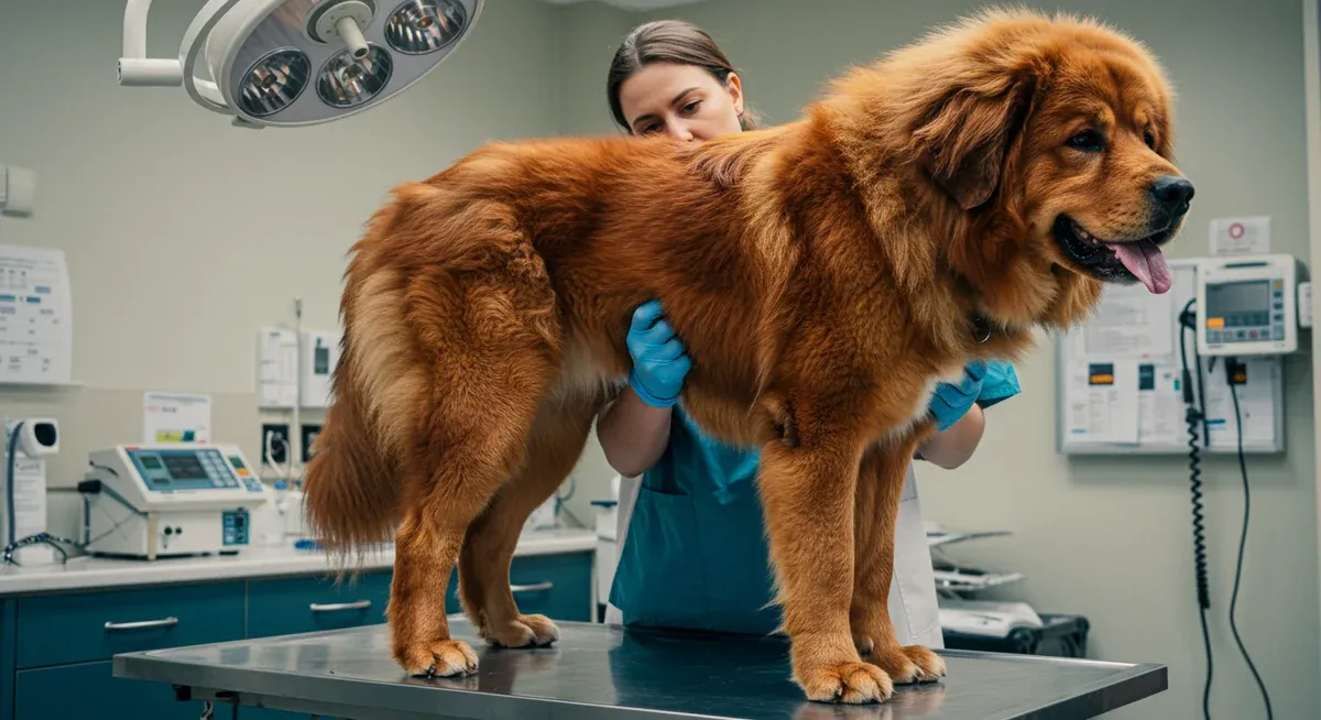 Veterinarian examining Tibetan Mastiff for hip dysplasia and other health conditions that can impact the breed's lifespan