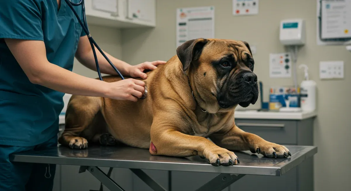 A veterinarian examining a Bullmastiff's heart with a stethoscope during a routine cardiac screening, illustrating the importance of regular heart health monitoring for the breed
