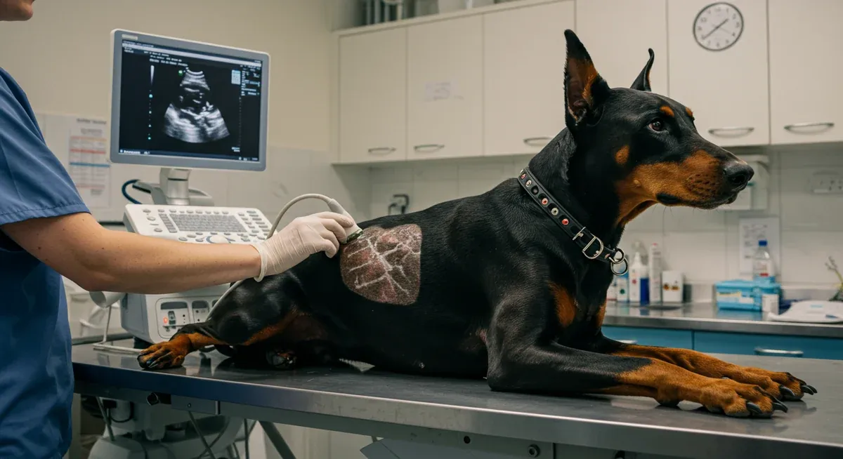 Veterinarian performing an echocardiogram heart screening on a Doberman, demonstrating the cardiac monitoring essential for detecting dilated cardiomyopathy