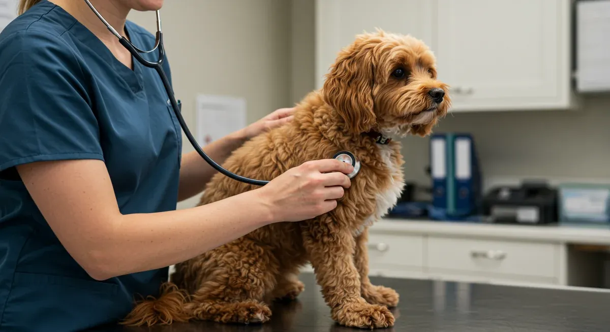 A veterinarian examining a Cavoodle's heart with a stethoscope during a routine cardiac screening to detect potential heart murmurs