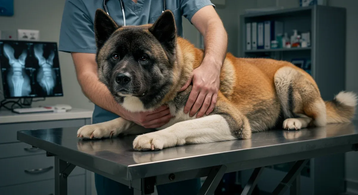 Veterinarian examining an Akita's hip joint during a clinical examination, with hip X-rays visible in the background