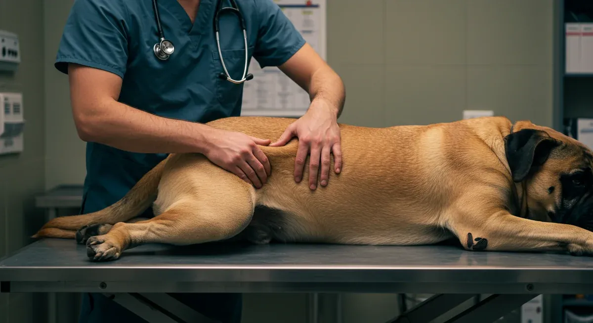 A veterinarian examining a Mastiff's hip joint during a clinical assessment for hip dysplasia