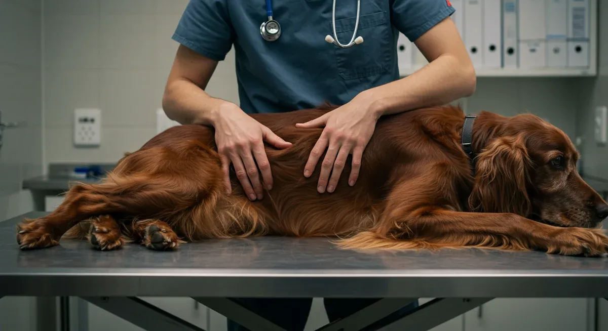 Veterinarian examining an Irish Setter's hip joint during a routine orthopedic check-up, demonstrating the importance of regular screening for hip dysplasia