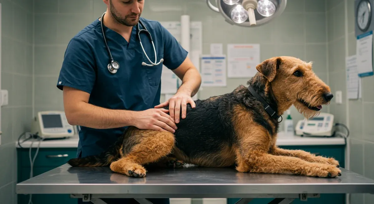 Veterinarian examining Airedale Terrier's hip joint on examination table, demonstrating the clinical assessment process for hip dysplasia detection