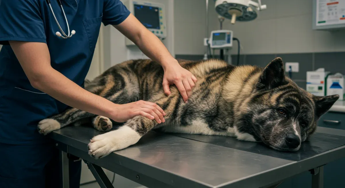 A veterinarian examining an Akita's hip joint during a clinical assessment for hip dysplasia, demonstrating the importance of regular orthopedic evaluations