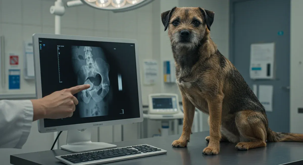 Veterinary X-ray of Border Terrier hip joint displayed on digital screen with veterinarian pointing to joint area, illustrating hip dysplasia diagnosis