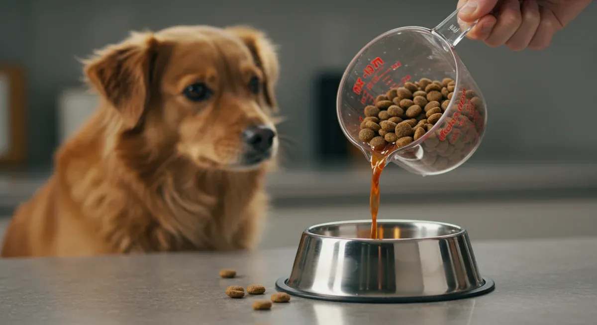 A measuring cup pouring half a cup of dry dog food into a bowl, demonstrating the typical daily portion size recommended for adult Papillons