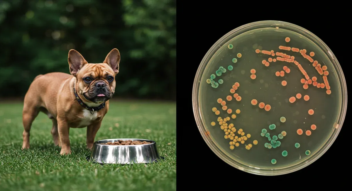 Laboratory view of probiotic bacterial cultures in petri dishes next to dog food, illustrating how beneficial bacteria support French Bulldog digestive health