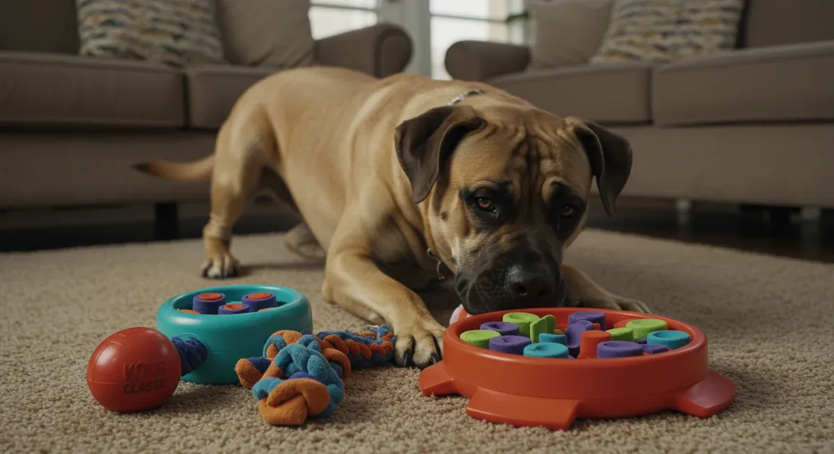 A Mastiff concentrating on puzzle toys and interactive feeders that provide mental stimulation to reduce boredom-related barking