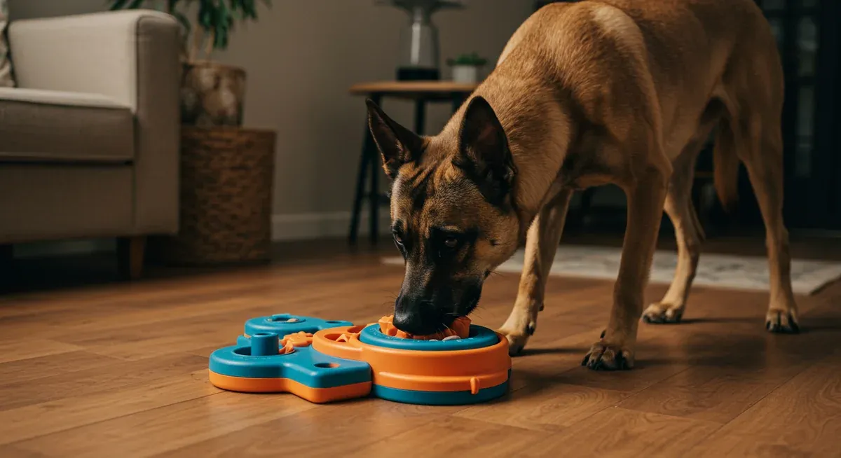 A Canaan Dog working on a puzzle feeder, illustrating the breed's high intelligence and need for mental stimulation