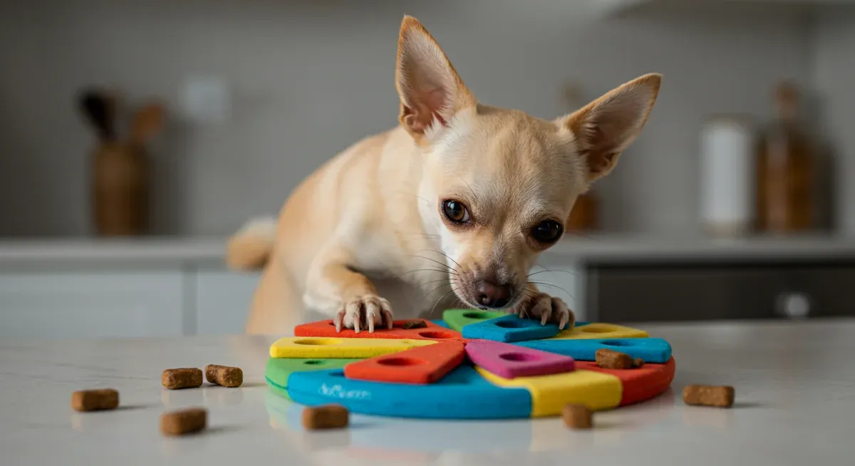 A Chihuahua working on an interactive puzzle toy, using its paws to slide pieces and access hidden treats while demonstrating problem-solving behavior