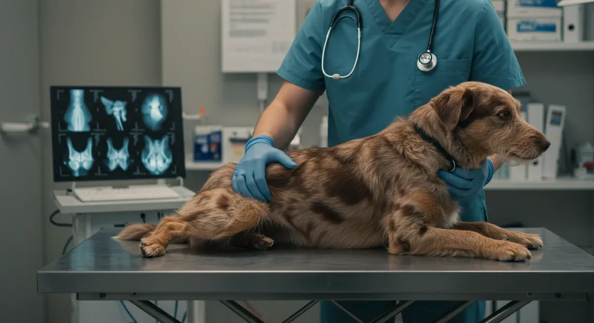 Veterinarian examining an Australian Terrier's leg joint with X-ray images in background, illustrating joint health assessment for conditions like Legg-Calvé-Perthes disease and luxating patella