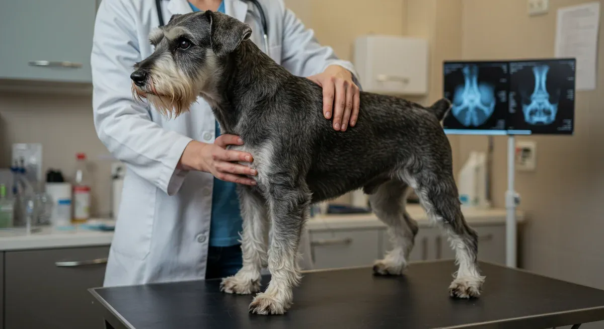 A Standard Schnauzer being examined for hip dysplasia by a veterinarian, demonstrating the importance of regular joint health assessments and early detection of mobility issues.