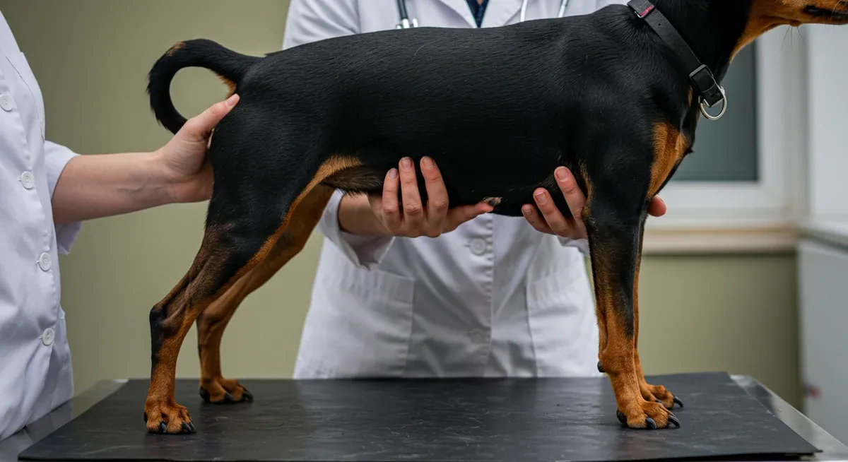 Veterinarian examining German Pinscher's hip joint for signs of dysplasia during clinical assessment