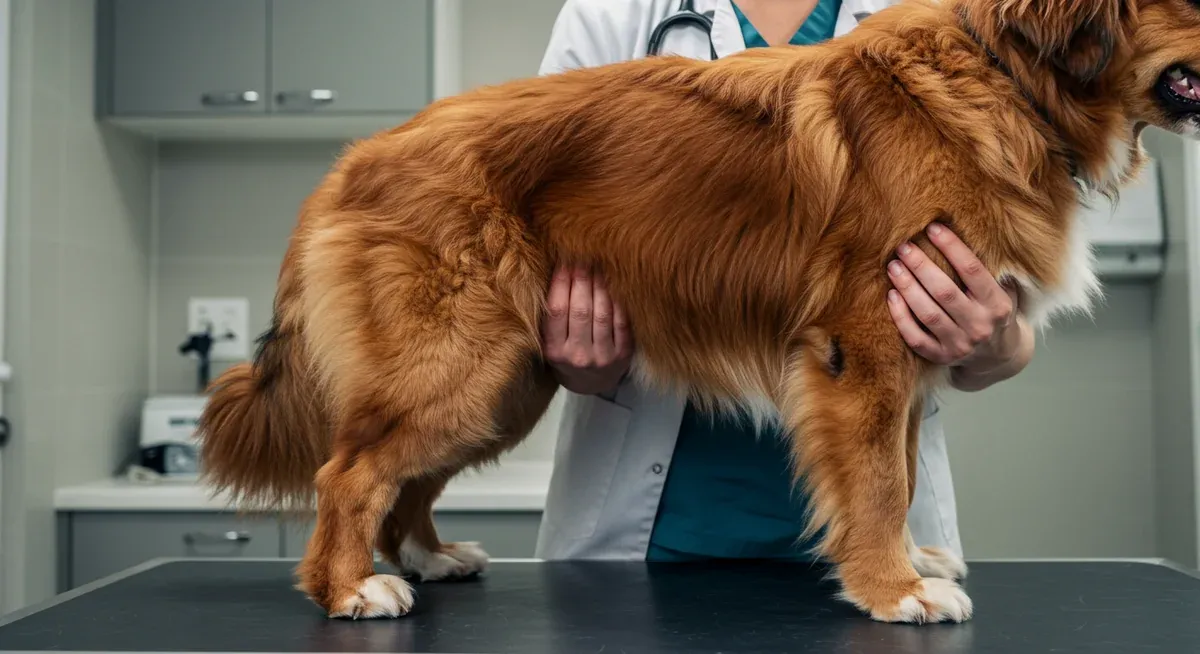 Veterinarian examining a Tibetan Terrier's hind leg for joint problems like patellar luxation during a clinical assessment