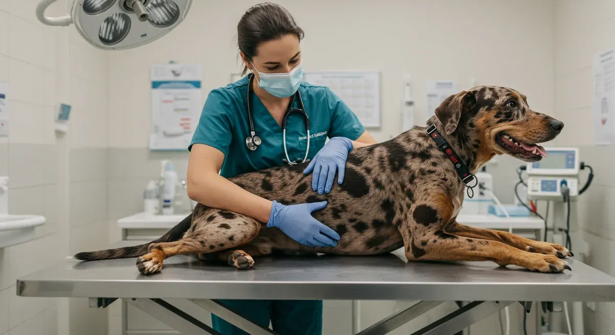 Veterinarian examining a Catahoula's hip joint during a health check-up to demonstrate joint health assessment