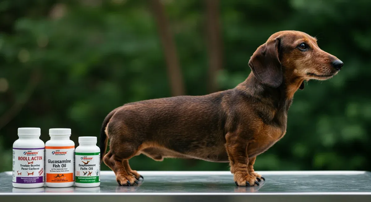 A Dachshund in profile showing its characteristic long spine and short legs, positioned next to joint support supplements to illustrate why this breed benefits from spinal health supplementation