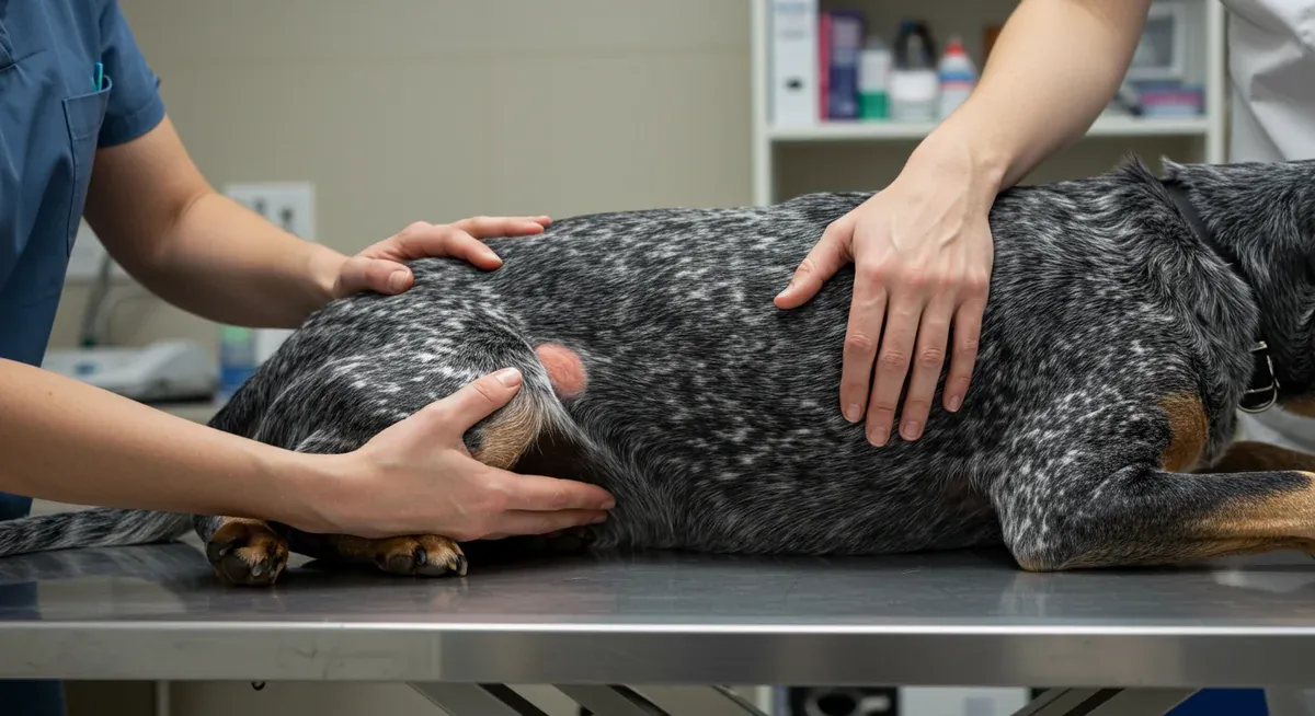 Veterinary examination of a Bluetick Coonhound's joints, illustrating the importance of monitoring for hip dysplasia and other joint health issues