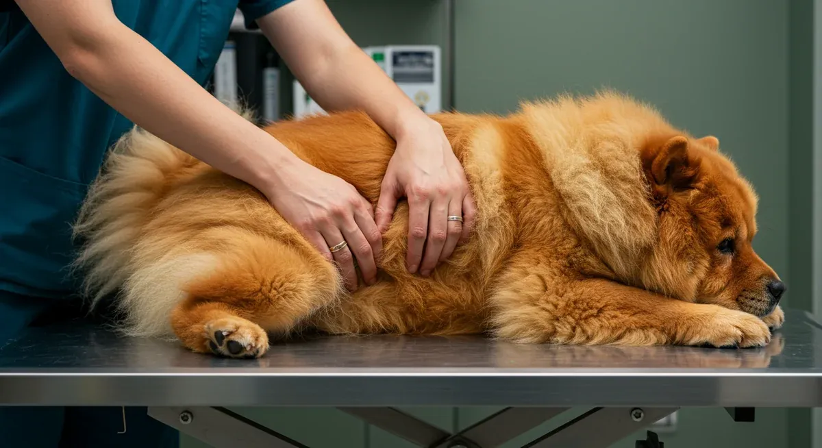 Veterinarian examining a Chow Chow's hip joint on an examination table, demonstrating joint health assessment for hip dysplasia prevention