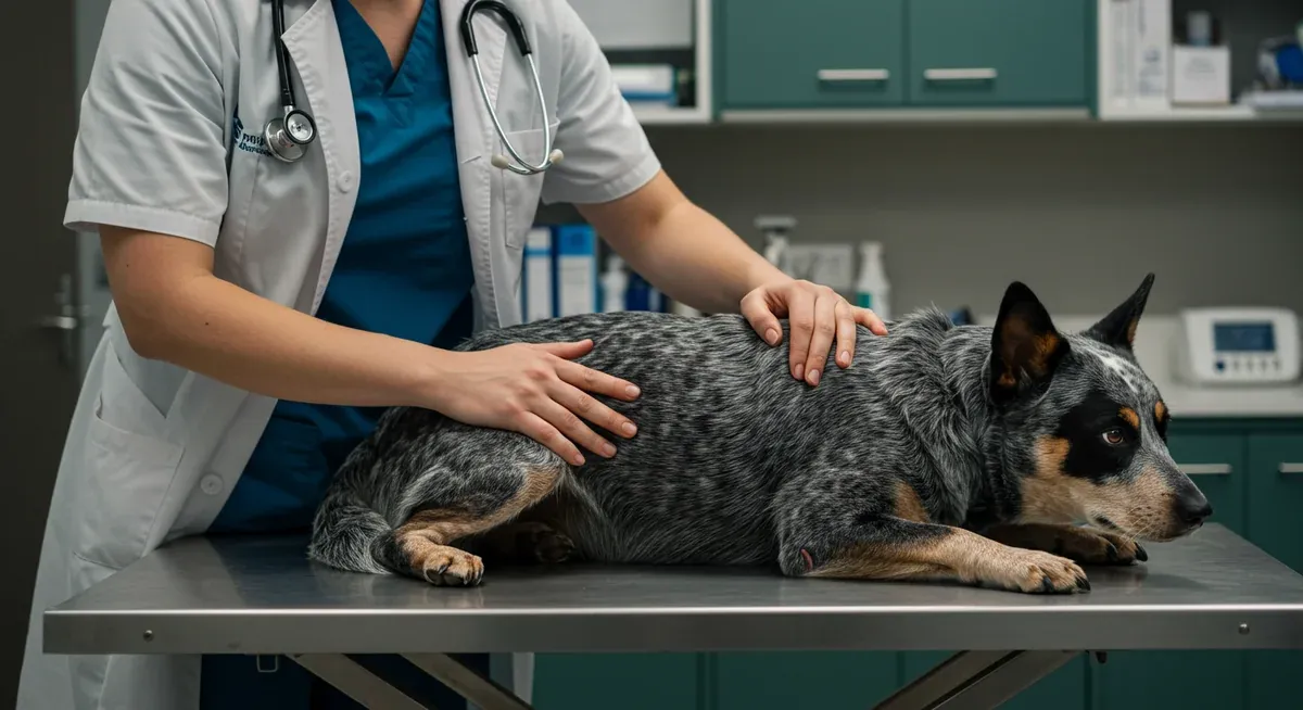 A veterinarian examining a Blue Heeler's hip joint during a health check-up, illustrating the importance of monitoring for hip dysplasia
