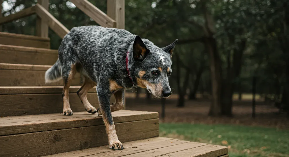 A Blue Heeler dog carefully navigating stairs, showing the cautious movement patterns that can indicate developing joint problems like hip dysplasia
