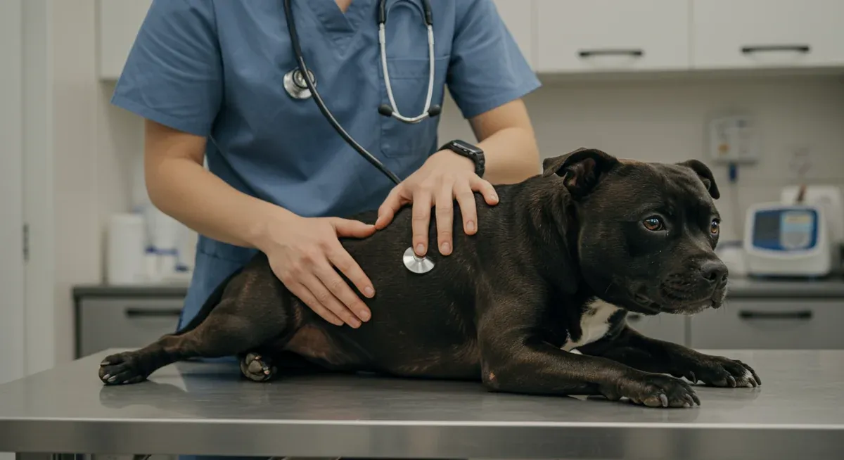 Veterinarian examining a Staffordshire Bull Terrier's hip joint during a clinical assessment for joint problems like hip dysplasia