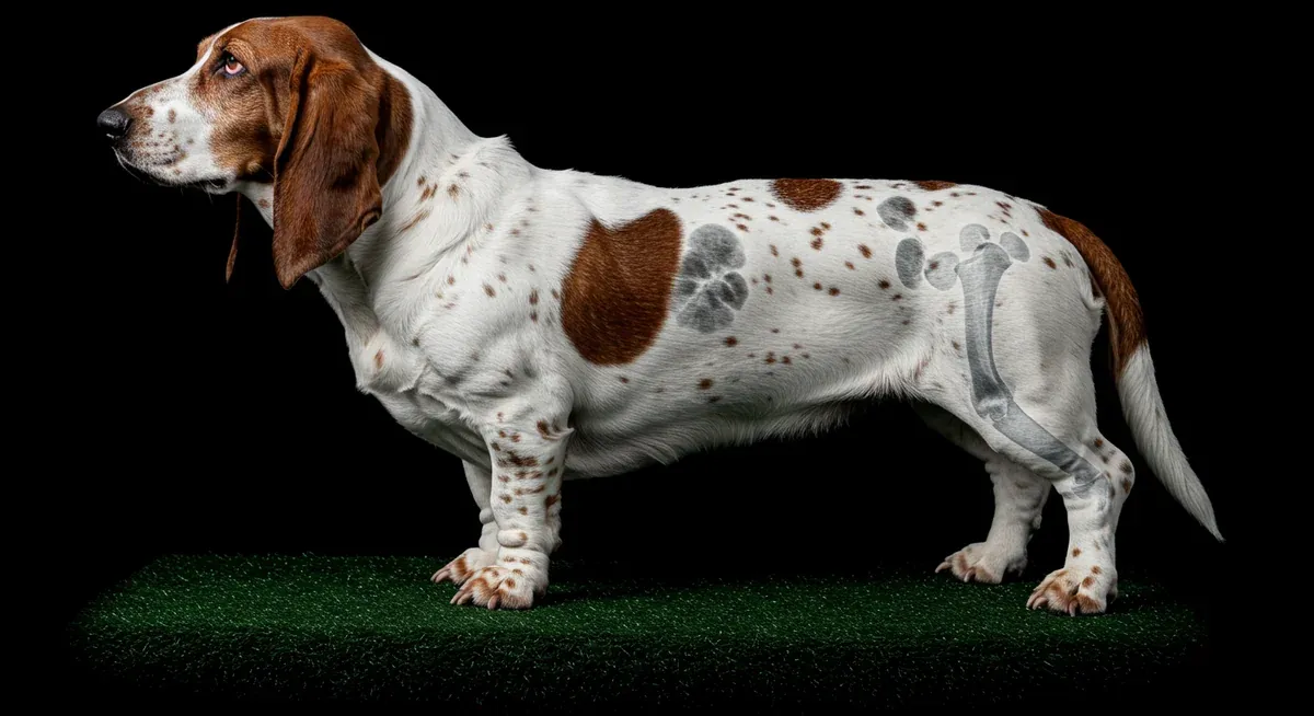 Medical imaging or anatomical view of Basset Hound joint structure showing hip and elbow areas prone to dysplasia