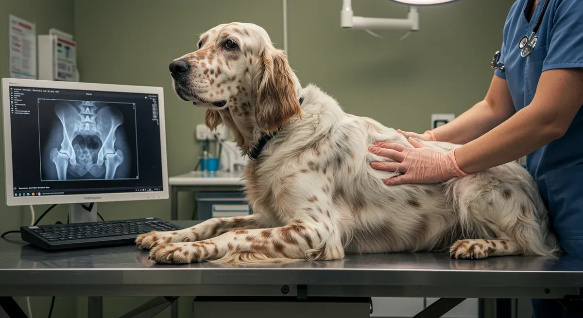 English Setter undergoing hip examination with X-ray displayed, illustrating joint health screening and dysplasia detection methods