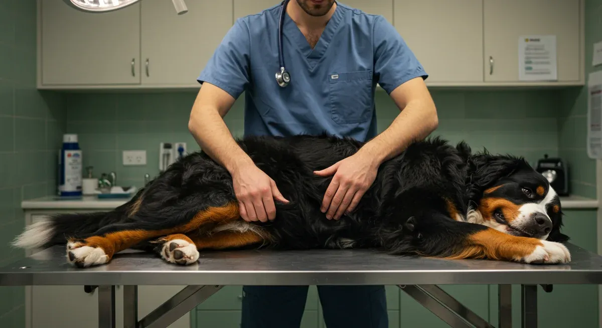 Veterinarian examining a Bernese Mountain Dog's hip joint during a clinical assessment for dysplasia