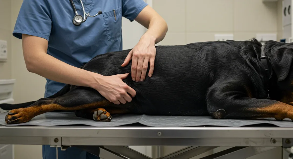 Veterinarian examining a Rottweiler's hip joint during an orthopedic assessment, demonstrating the clinical evaluation process for hip dysplasia and other joint conditions