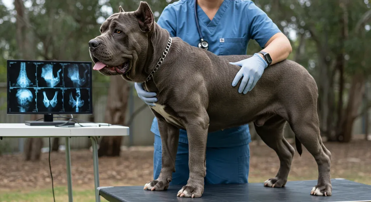 Veterinarian examining a Neapolitan Mastiff's joints with hip X-rays displayed, illustrating joint health screening for large breed dogs