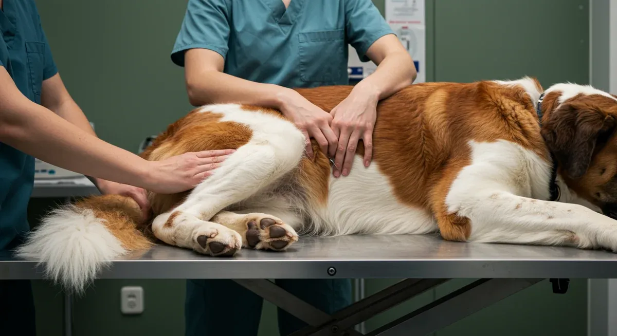 Veterinary examination of a Saint Bernard's hip joint, showing professional assessment of joint health as discussed in the article about early detection of hip and elbow dysplasia