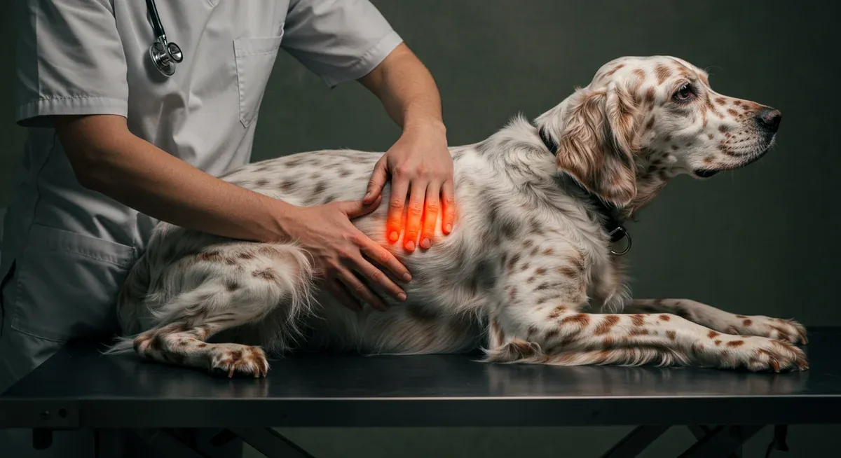Veterinarian examining English Setter's hip joint for signs of dysplasia, illustrating the physical assessment described in joint health section