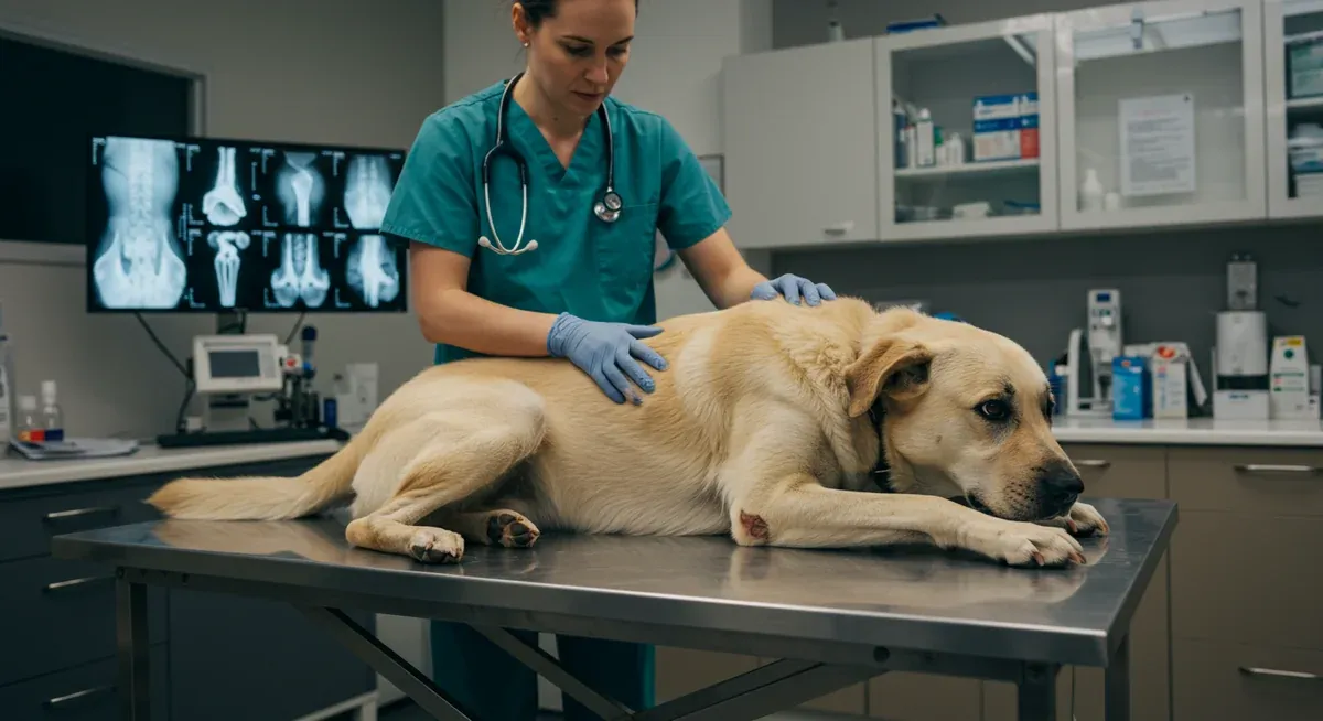 Veterinarian examining an Anatolian Shepherd's hip joint during a clinical assessment for dysplasia, with diagnostic X-rays visible in the background
