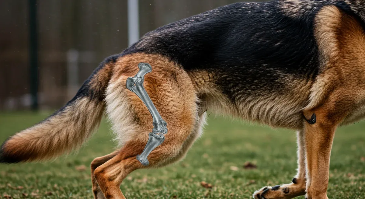 Close-up anatomical view of a German Shepherd's hip and leg joints during movement, illustrating the joint structures that benefit from glucosamine and chondroitin supplementation