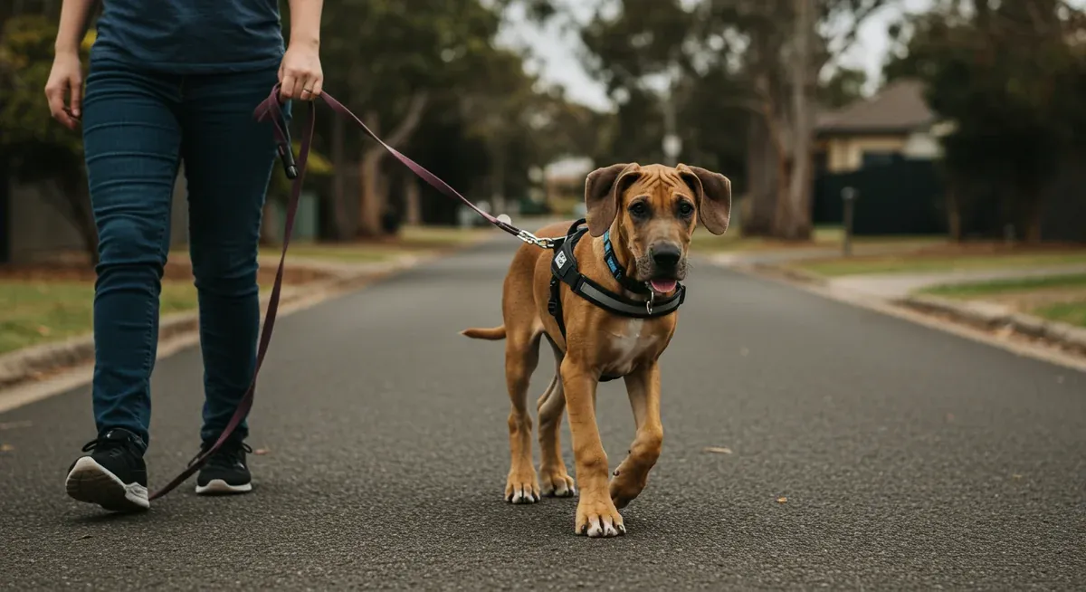Great Dane puppy in front-clip harness demonstrating proper leash walking technique beside owner, showing early training for managing their eventual strength