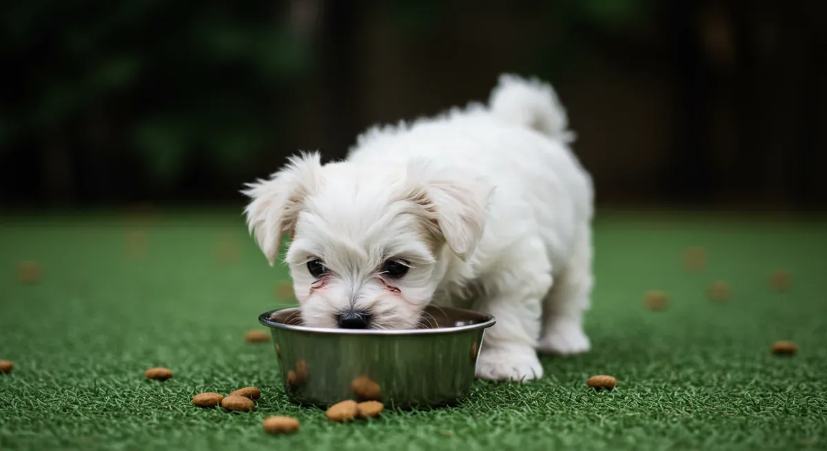 Small Maltese puppy eating from appropriately-sized bowl with toy breed kibble, demonstrating proper portion control and feeding schedule management