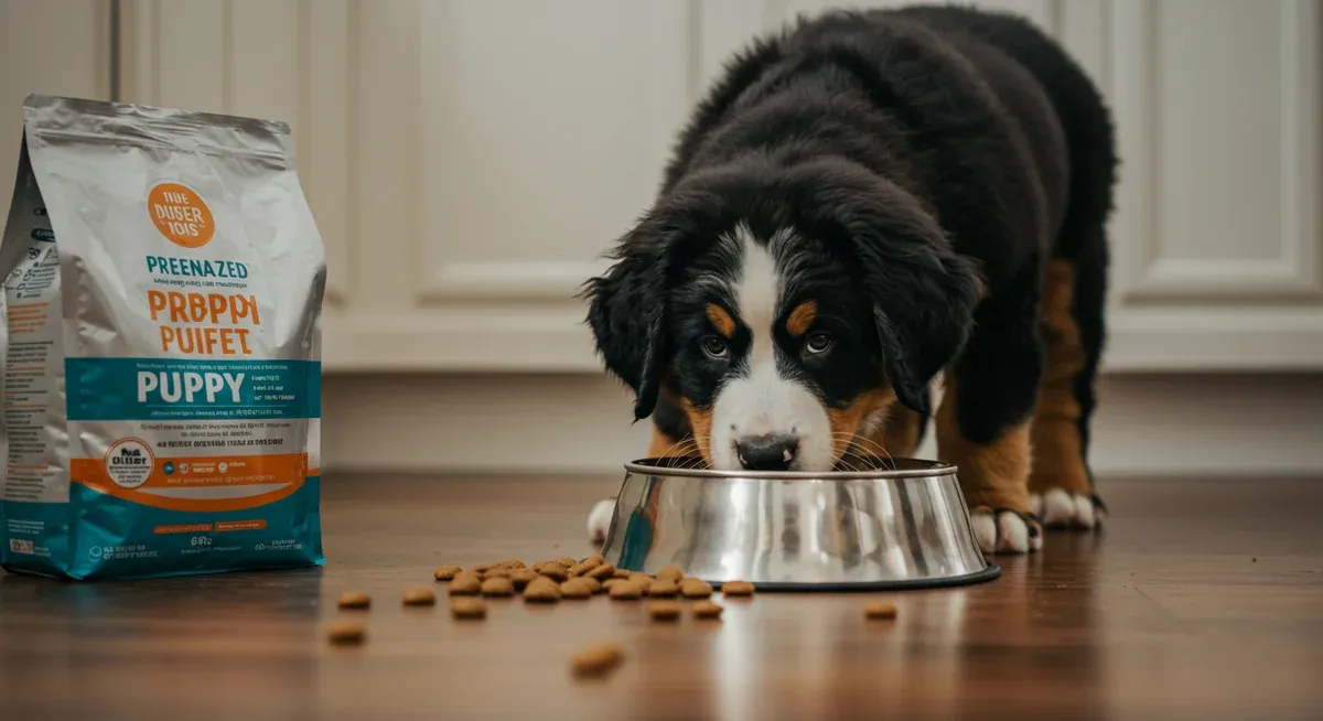 A Bernese Mountain Dog puppy eating from a large breed formula food bowl, demonstrating proper feeding practices for controlled growth