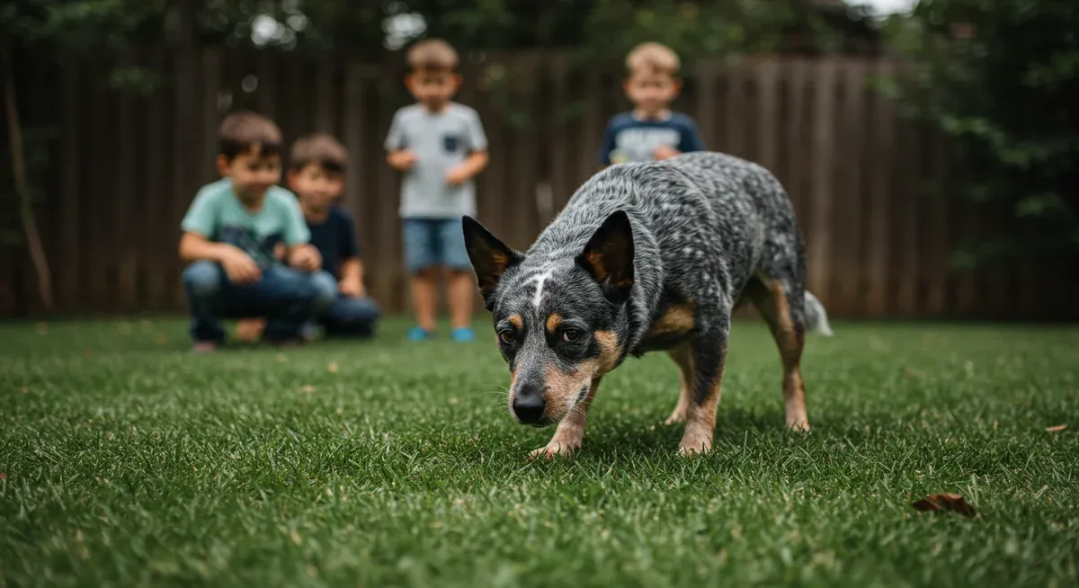 Blue Heeler dog displaying natural herding behavior with lowered head and intense focus while interacting with children in a family backyard setting