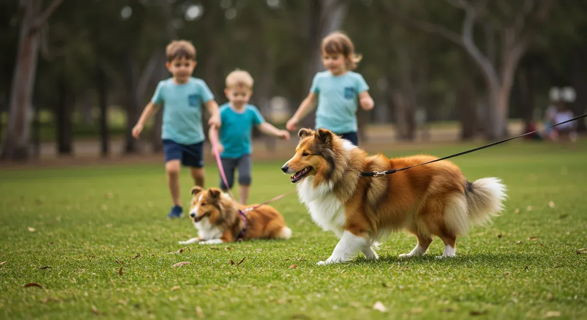 A Shetland Sheepdog on leash exhibiting herding instincts by following children, illustrating the breed's natural herding behavior that needs proper management