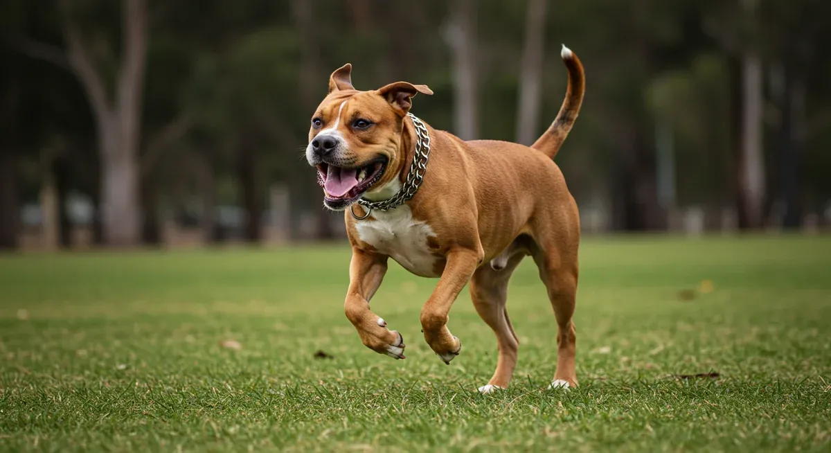 American Bulldog running energetically in an Australian park, demonstrating the breed's high exercise requirements and athletic capabilities
