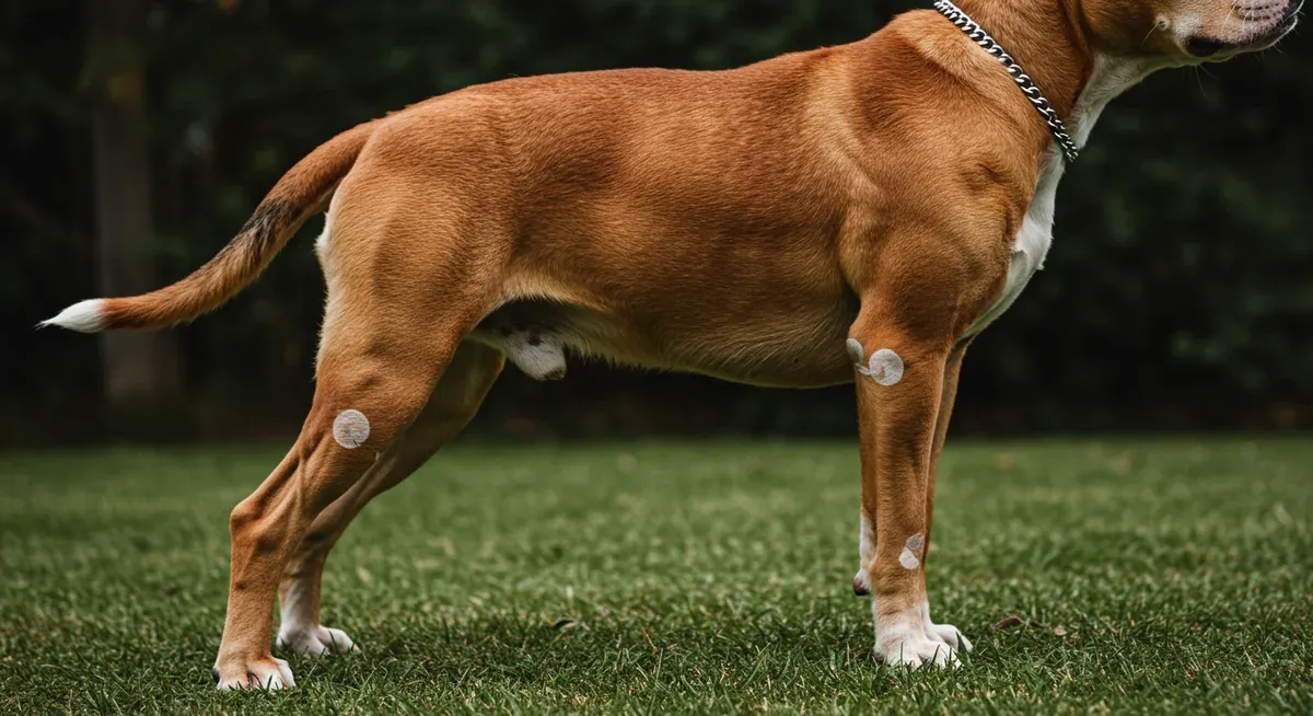 American Bulldog's rear legs and joints shown in profile, illustrating healthy joint structure and mobility that proper nutrition helps maintain