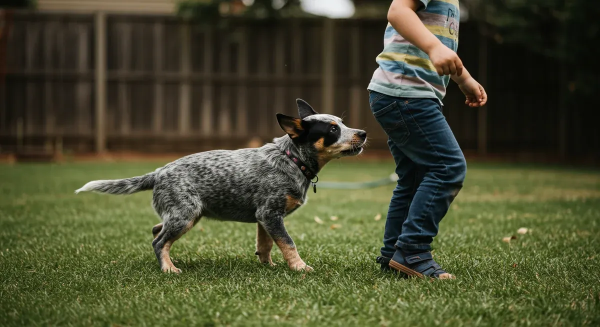 Blue Heeler puppy displaying natural herding behavior by nipping at a child's heels, demonstrating the instinctive cattle-herding behavior that requires early training and redirection in family settings