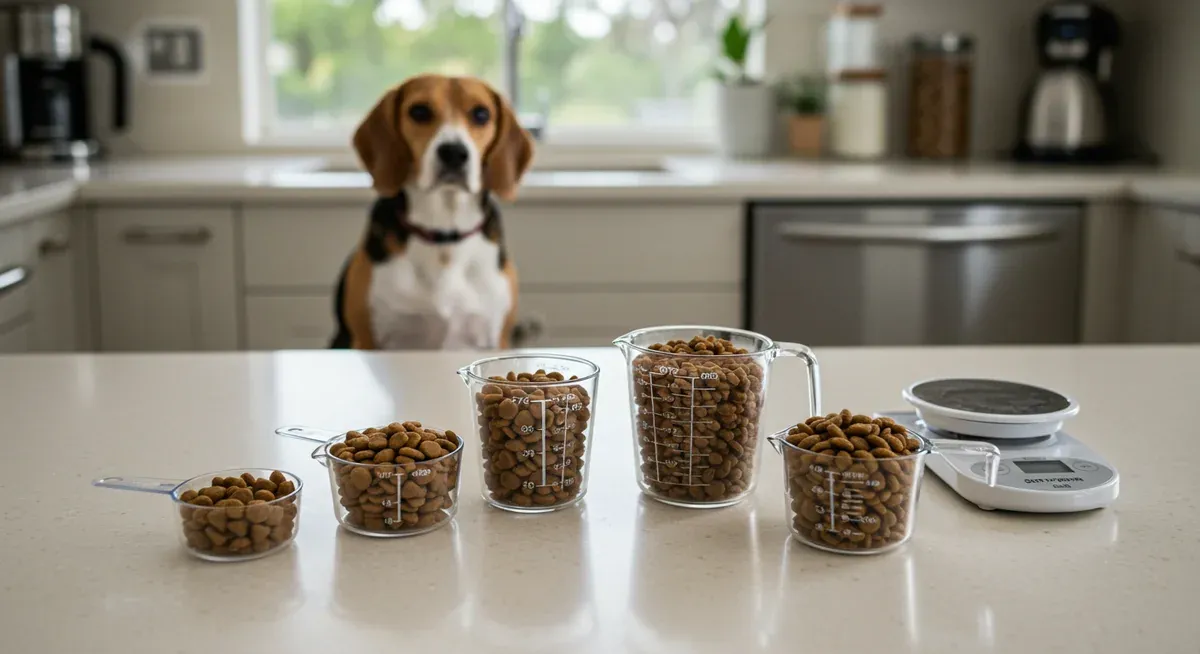 Various measured portions of dog food in measuring cups with a Beagle in the background, demonstrating proper portion control for different sized dogs