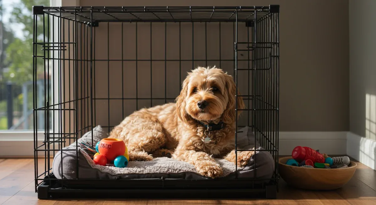 A Cavoodle dog calmly lying in a wire crate with comfortable bedding and puzzle toys, showing how crate training helps manage separation anxiety