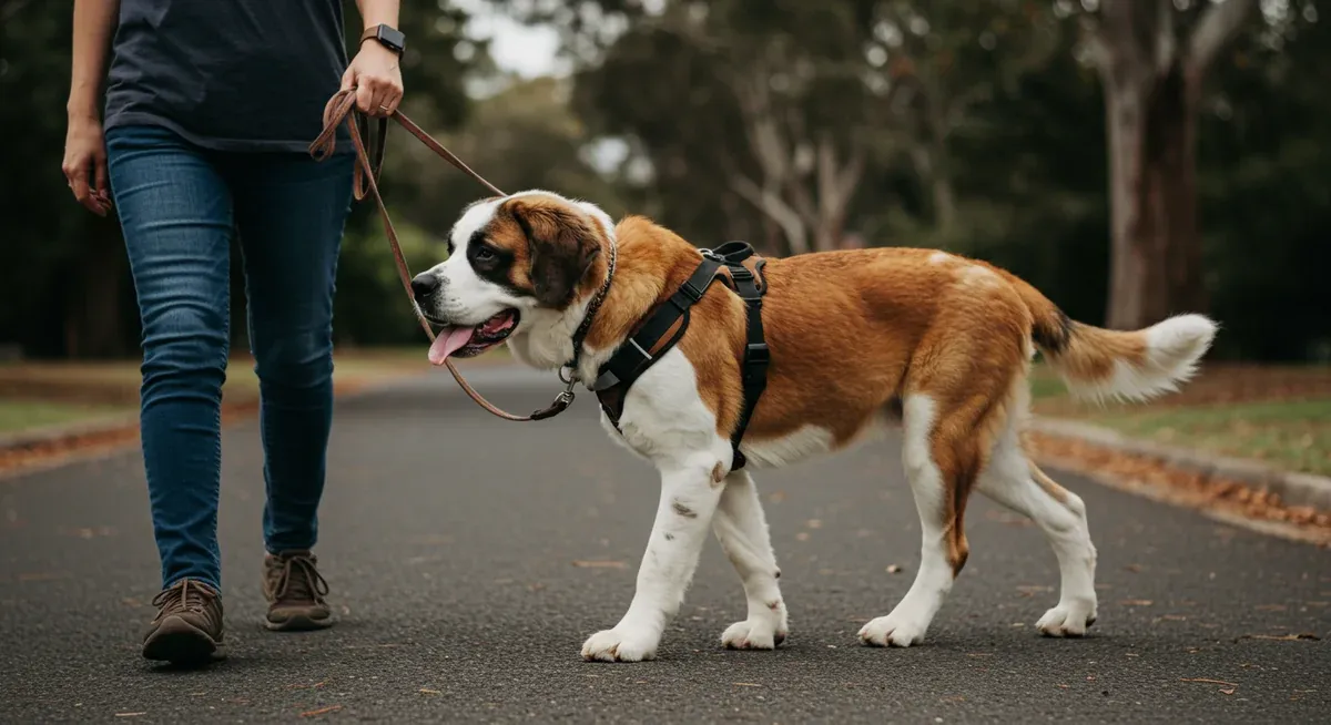 Saint Bernard puppy demonstrating proper leash walking technique with harness, showing early training for size management
