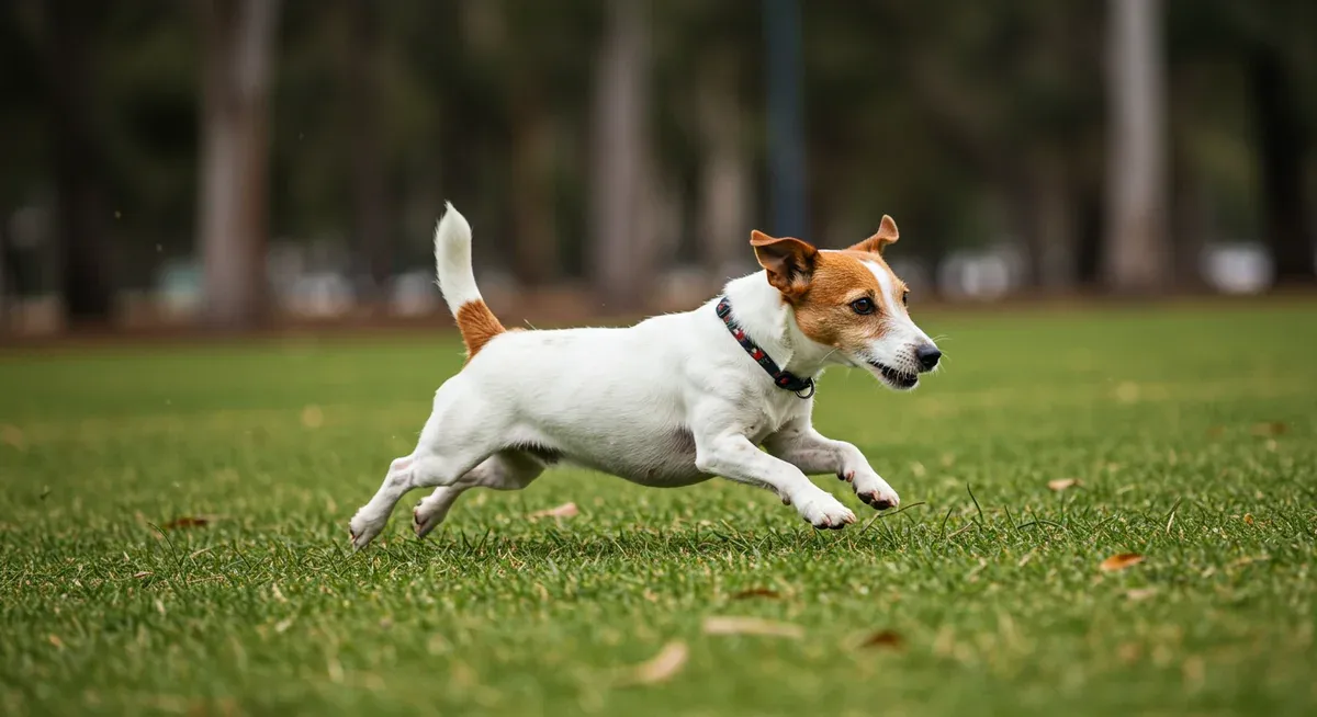 Jack Russell Terrier in full chase mode across parkland, demonstrating the strong prey drive and hunting instinct that makes training challenging