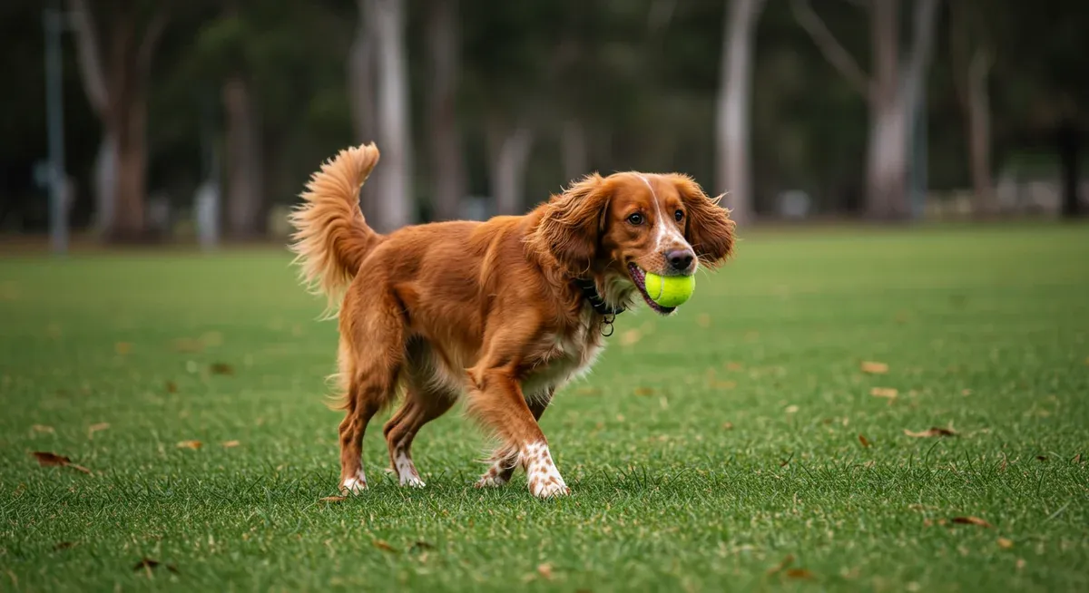Field Spaniel actively playing fetch, showing the breed's need for moderate daily exercise and interactive play